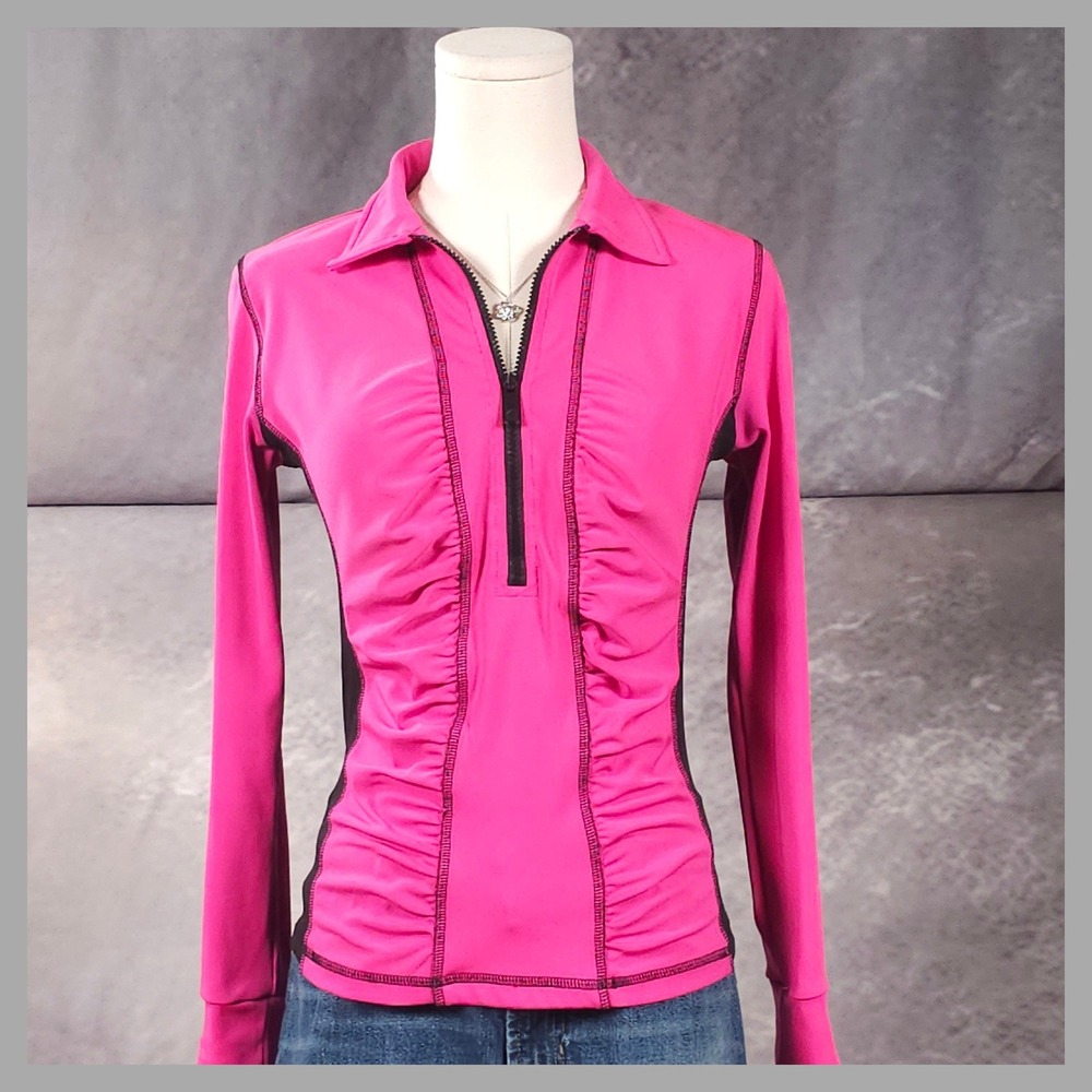 Kevan Hall Sport Ruched Quarter Zip Athletic Top Golf Tennis Hot Pink Black S